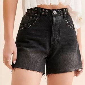 Free People- High-Rise Black Grommet Denim Shorts
